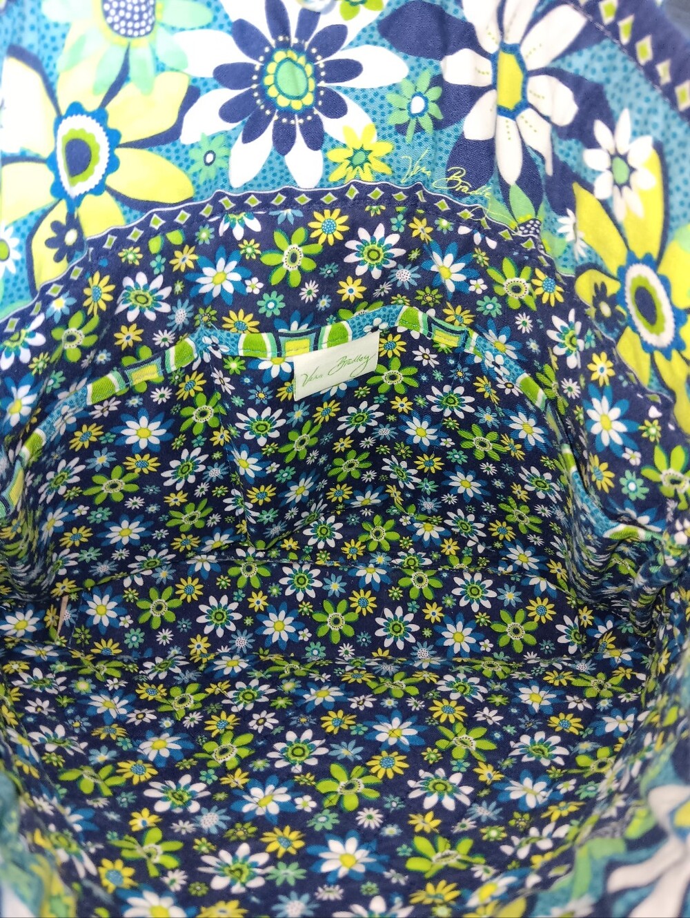 Vera Bradley Daisy Daisy Geometric Floral Tote Bag Double Handle Green Blue 13" - Picture 5 of 13
